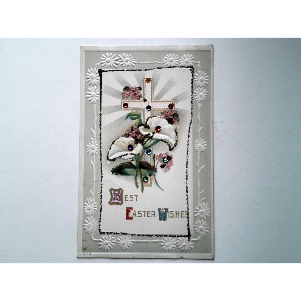 Vintage Easter Postcard Embossed Cross & Lilies Gem Jewels Sunbury PA 1918